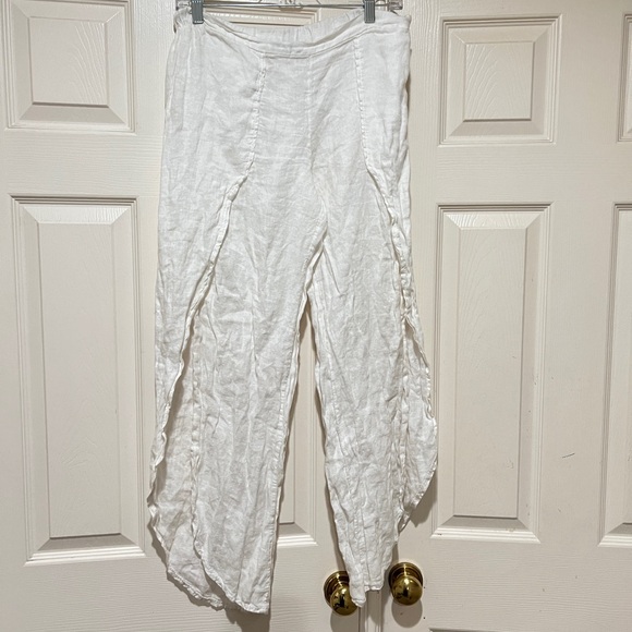 Women Sz M faux wrap stretch Waist white linen pull on pants Boho Hippie Beach - Picture 3 of 11